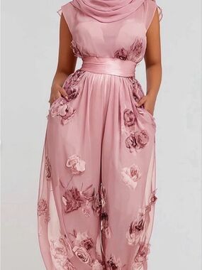 NWT BLUSH  Pink Floral Embroidered Jumpsuit with POCKETS Satin Waist SIZE LARGE